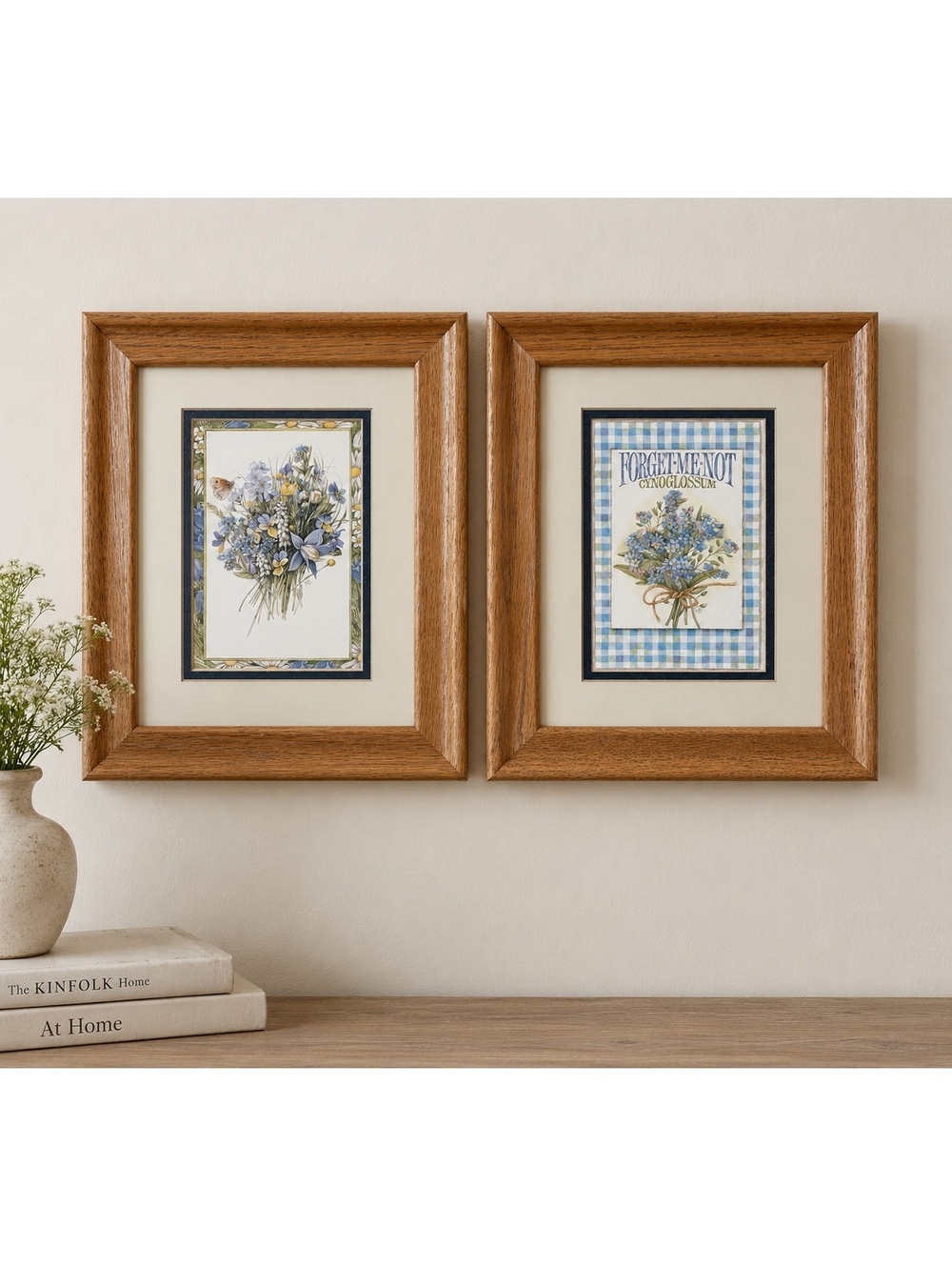 Vintage Botanical Flower Prints Set of 2 Framed Floral Art Oak Wood Frames 12x10